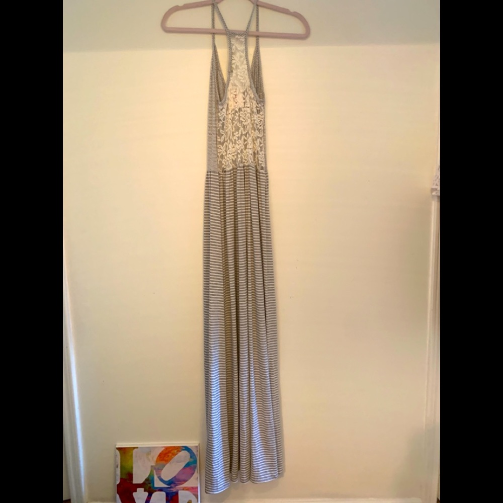 NWT Grey and White Striped Maxi Dress with adorable laced back. $4.99 Shipping